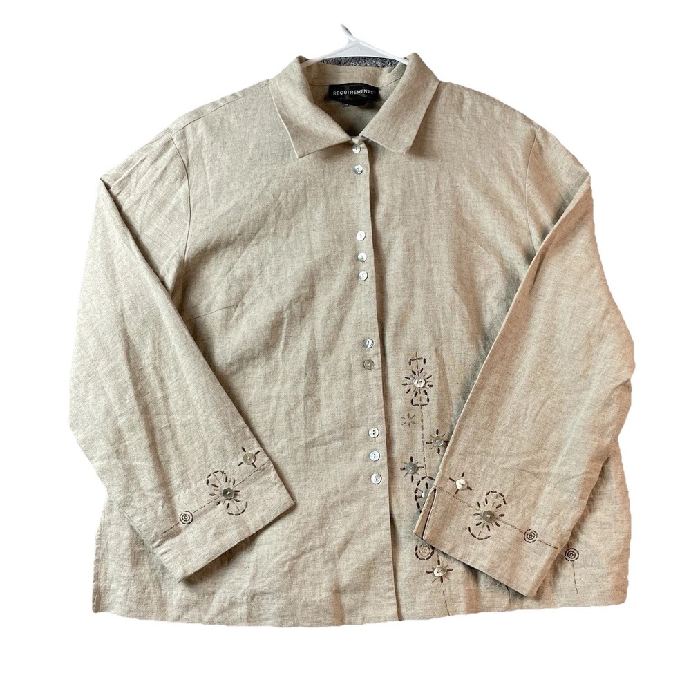 Requirements‎ Linen Blend Beige Emboidered Beaded Button-Up Shirt – Size 16